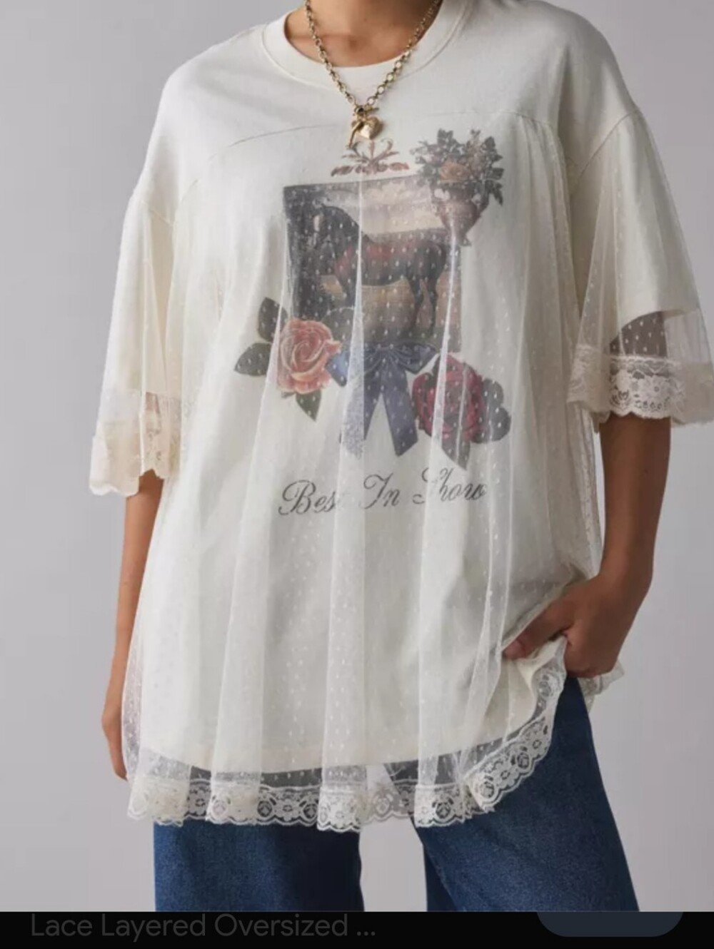 Kimchi Blue Ivory Lace-Layered Graphic Oversized Top